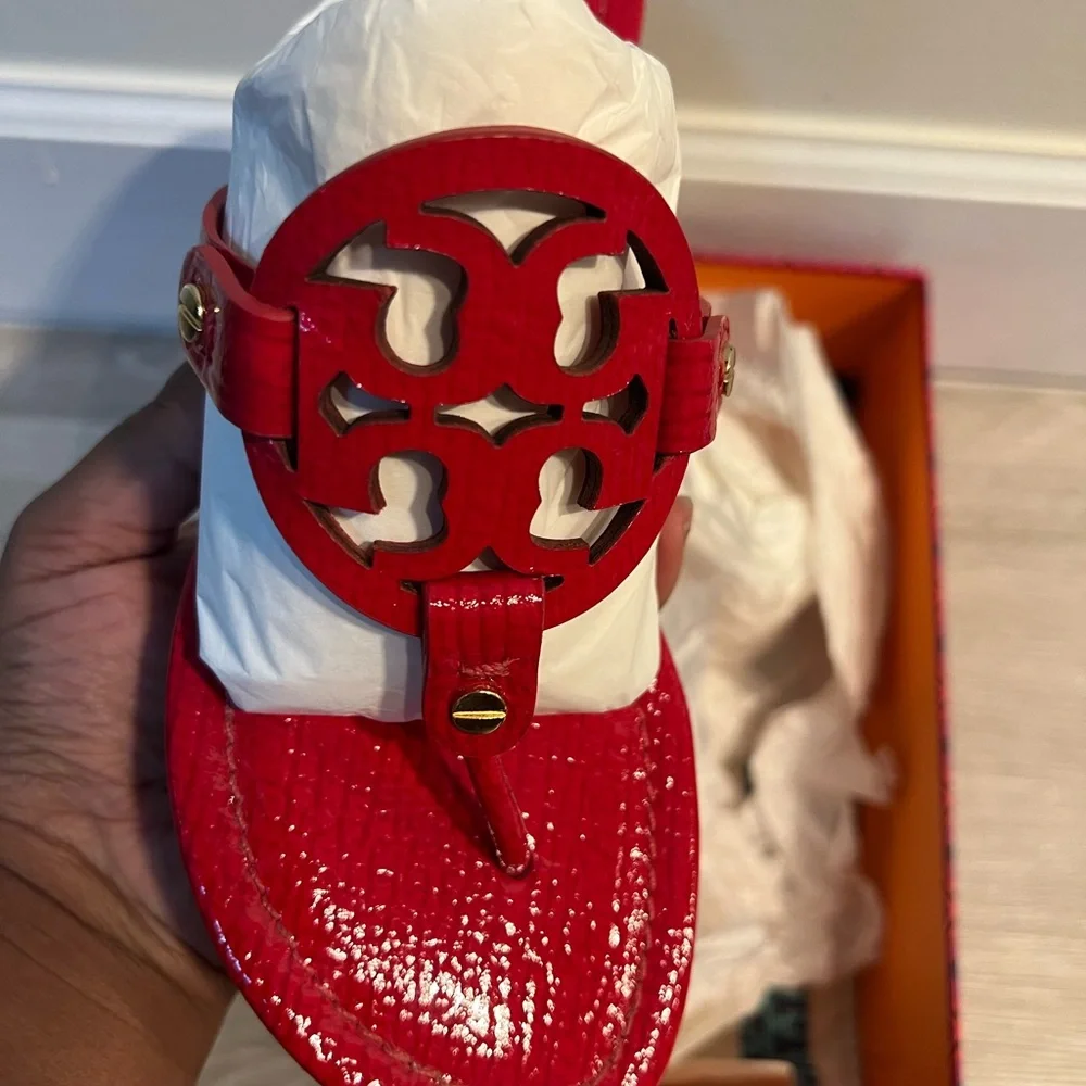 Tory Burch Red Patent Logo Thong Sandal with Gold Accents